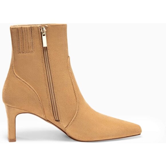 Women Light Brown Chunky Low Heel Square Pointed Toe Side Zipper Faux Suede Boot - Picture 6 of 6